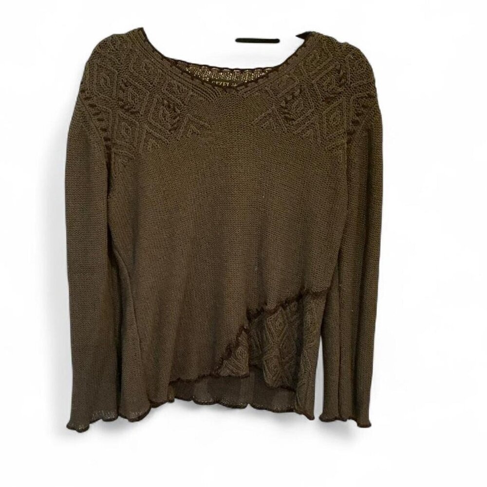 Gizel Olive Green‎ and Brown Knit Flowy Sweater with Ruffle Hem size Large/XL